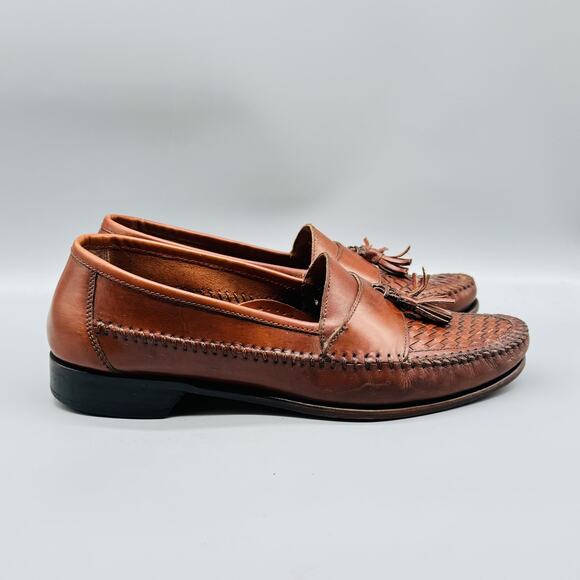 GH Bass & Co Shoes Mens 11.5 Brown Leather Woven Tassel Loafers Moc Toe Slip On - Picture 1 of 11